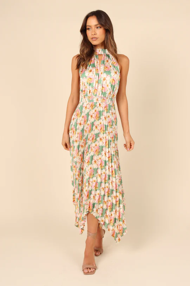 Floral Print Halter Neck Keyhole Pleated Handkerchief Hem Midi Dress 2