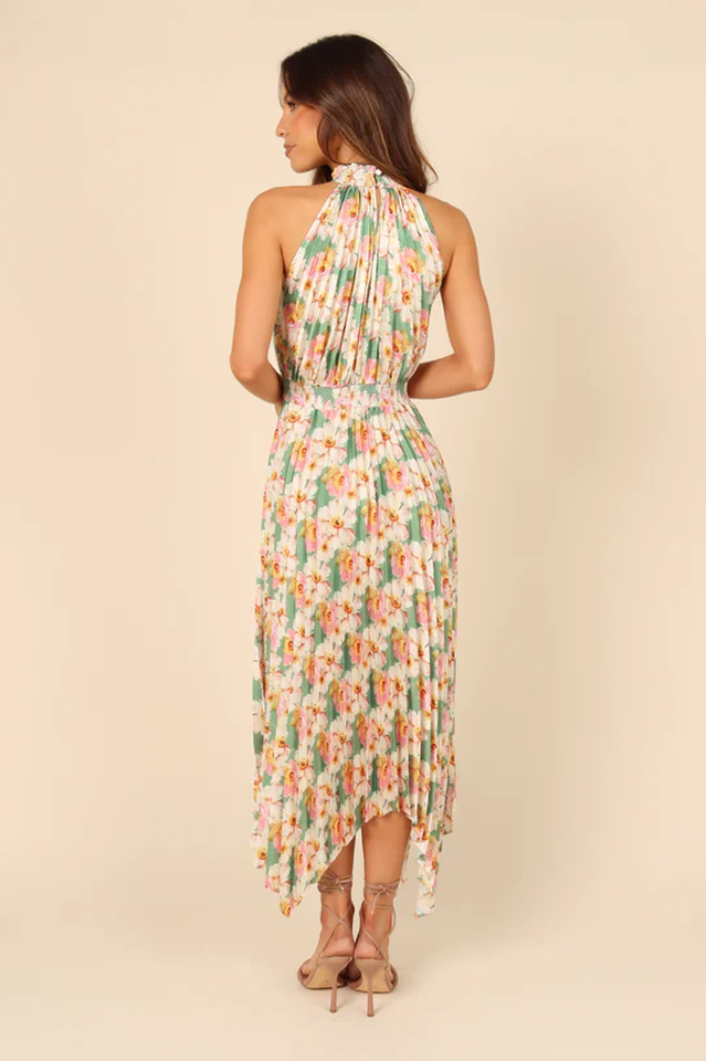 Floral Print Halter Neck Keyhole Pleated Handkerchief Hem Midi Dress 5