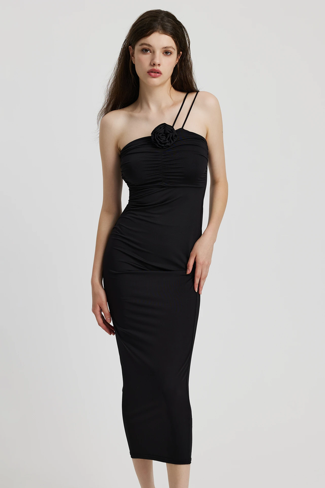 One Shoulder Double Strap Rosette Applique Ruched Bodycon Maxi Dress
