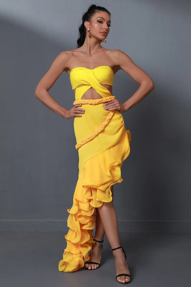 Strapless Twist Front Cut Out Braided Trim Ruffle High Low Gown