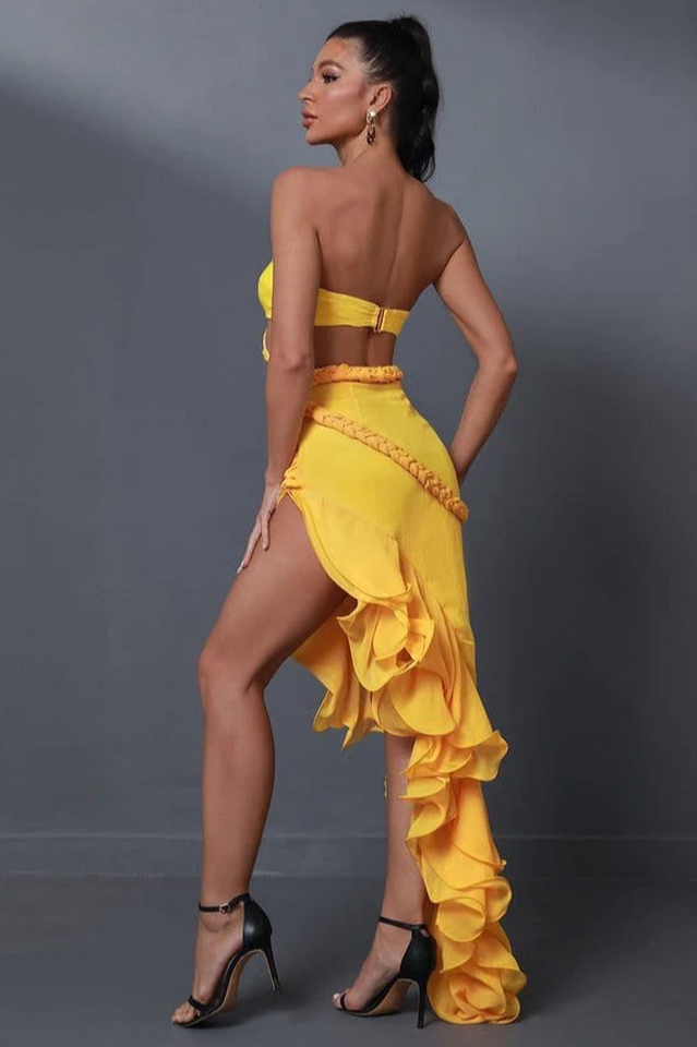 Strapless Twist Front Cut Out Braided Trim Ruffle High Low Gown 3