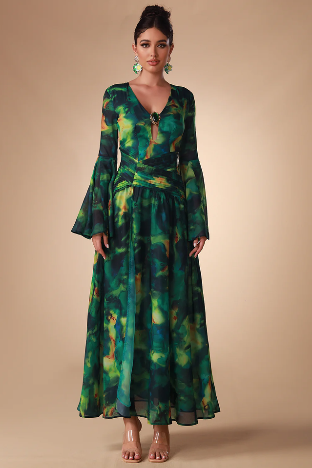 Bell Sleeve Printed Gown