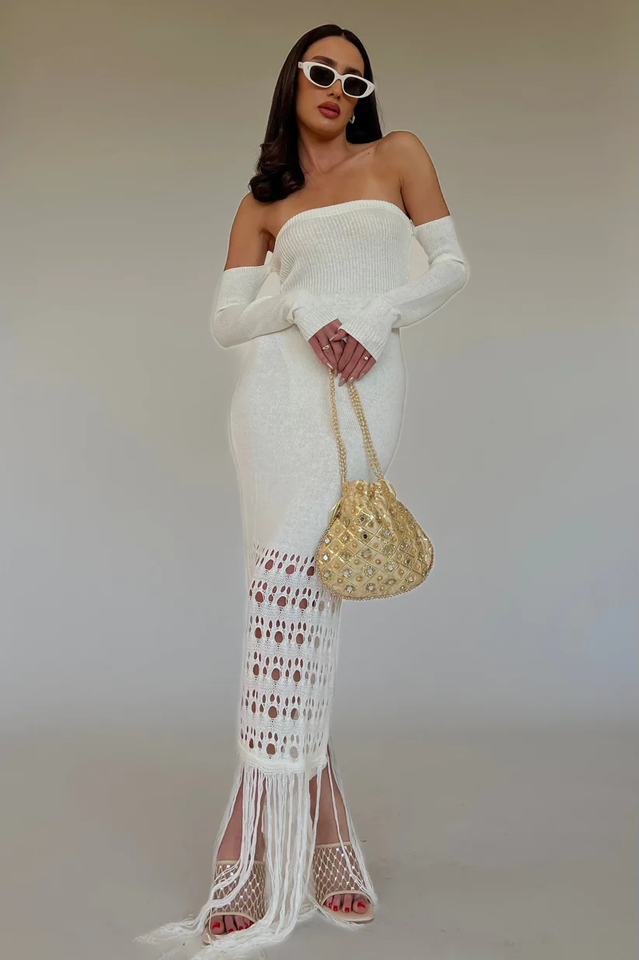 Knit Off Shoulder Long Sleeve Fringe Mermaid Maxi Dress