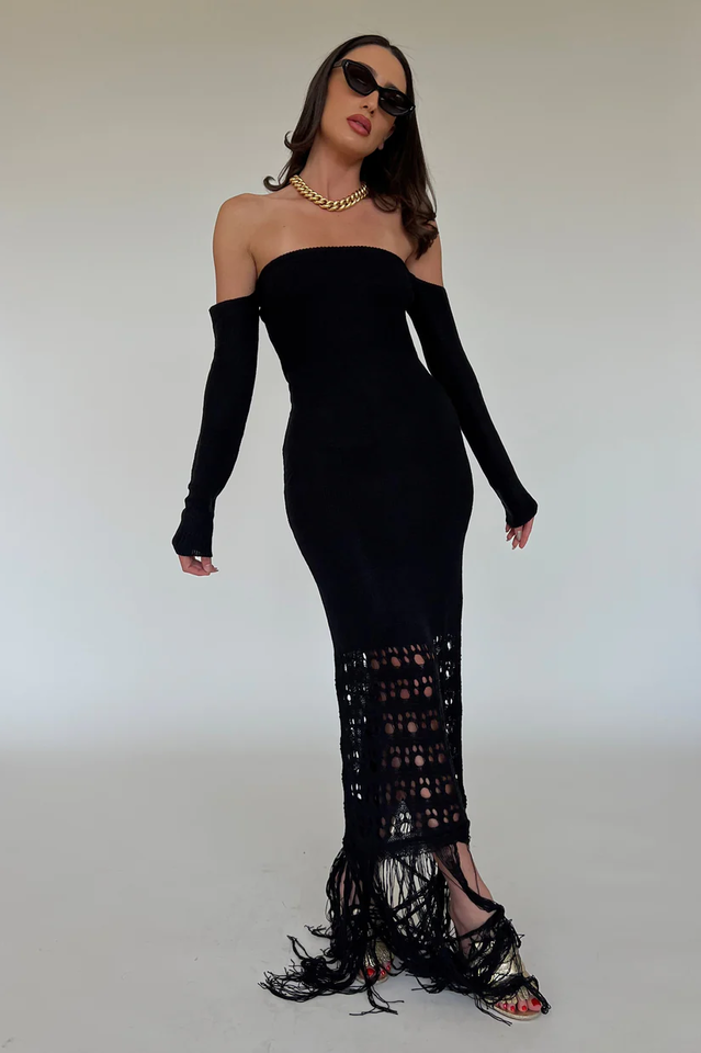 Knit Off Shoulder Long Sleeve Fringe Mermaid Maxi Dress 8