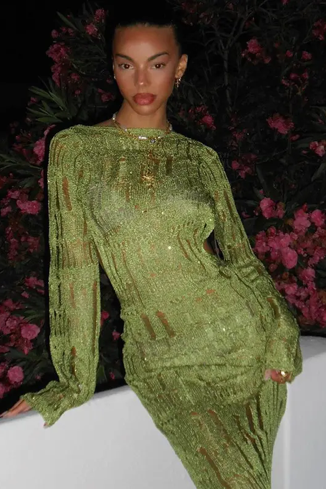 Crochet Knit Boat Neck Long Sleeve High Split Maxi Dress 6