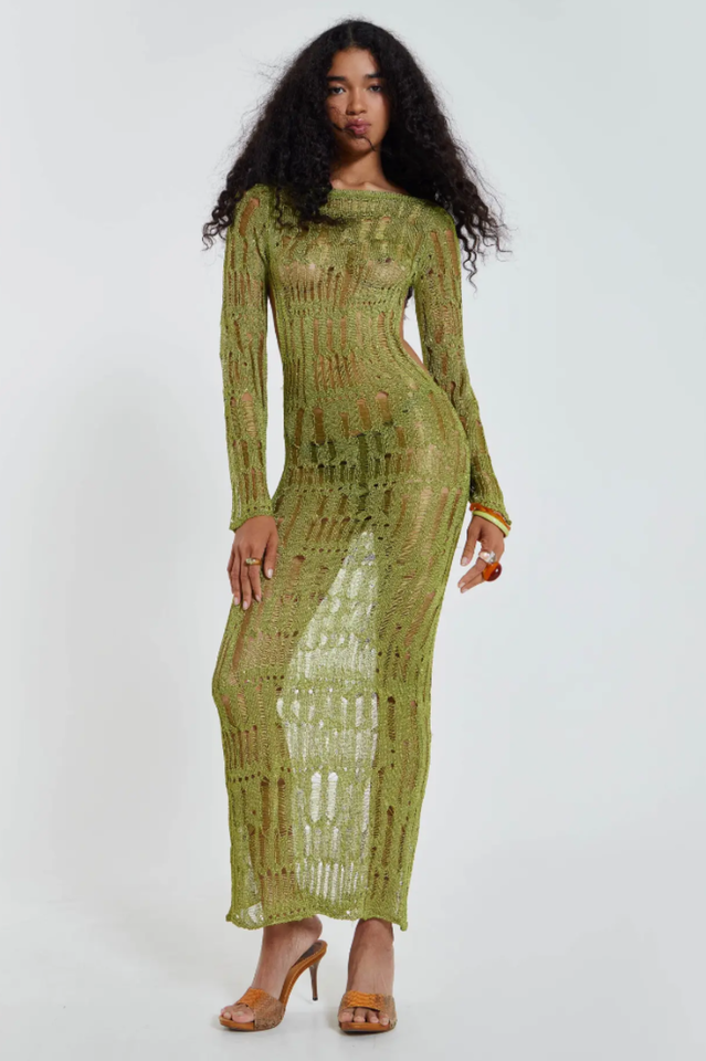 Crochet Knit Boat Neck Long Sleeve High Split Maxi Dress