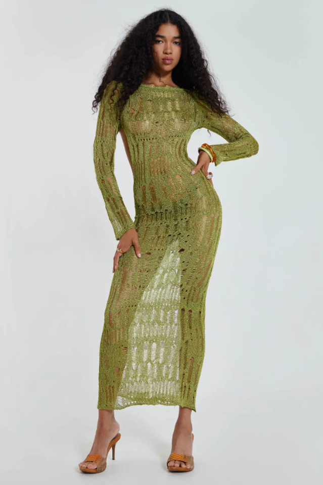 Crochet Knit Boat Neck Long Sleeve High Split Maxi Dress 2