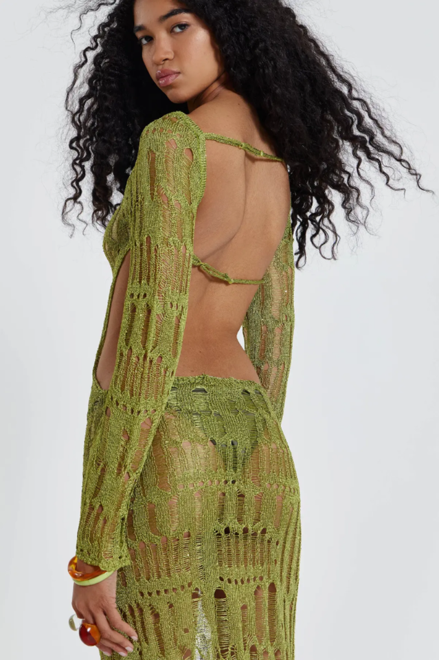 Crochet Knit Boat Neck Long Sleeve High Split Maxi Dress 5