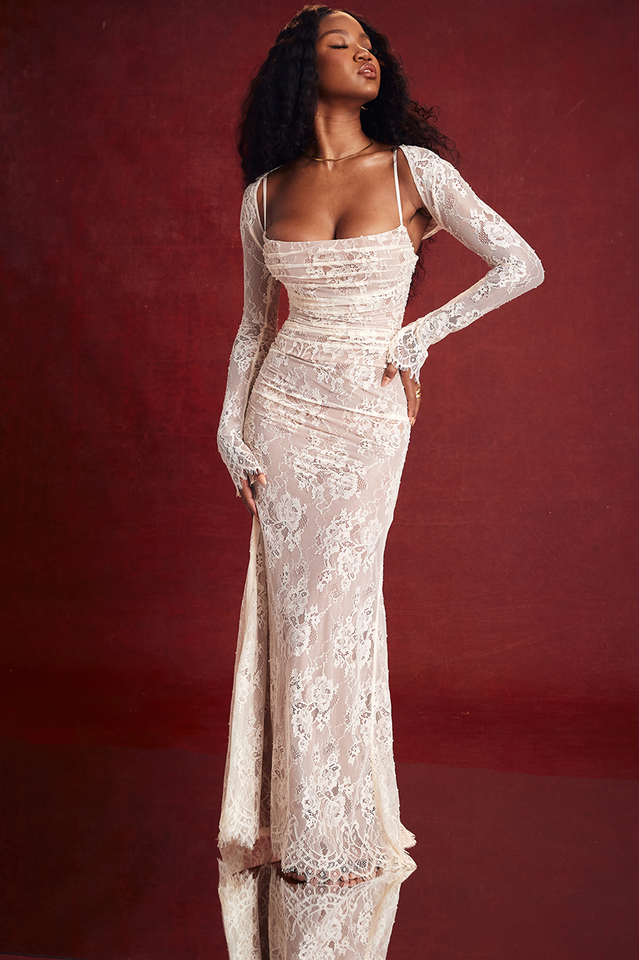 Vintage Cream White Lace Maxi Dress in Cream White - View 5