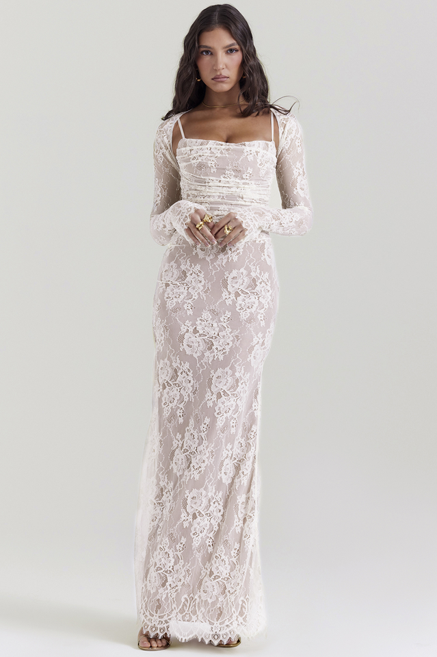 Vintage Cream White Lace Maxi Dress in Cream White