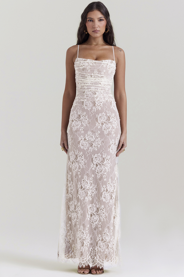 Vintage Cream White Lace Maxi Dress in Cream White - View 2