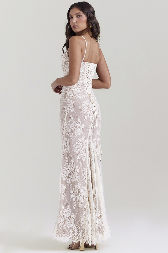 Vintage Cream White Lace Maxi Dress in Cream White - View 4