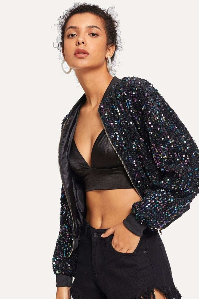 Sequin Zip Front Long Sleeve Cropped Bomber Jacket