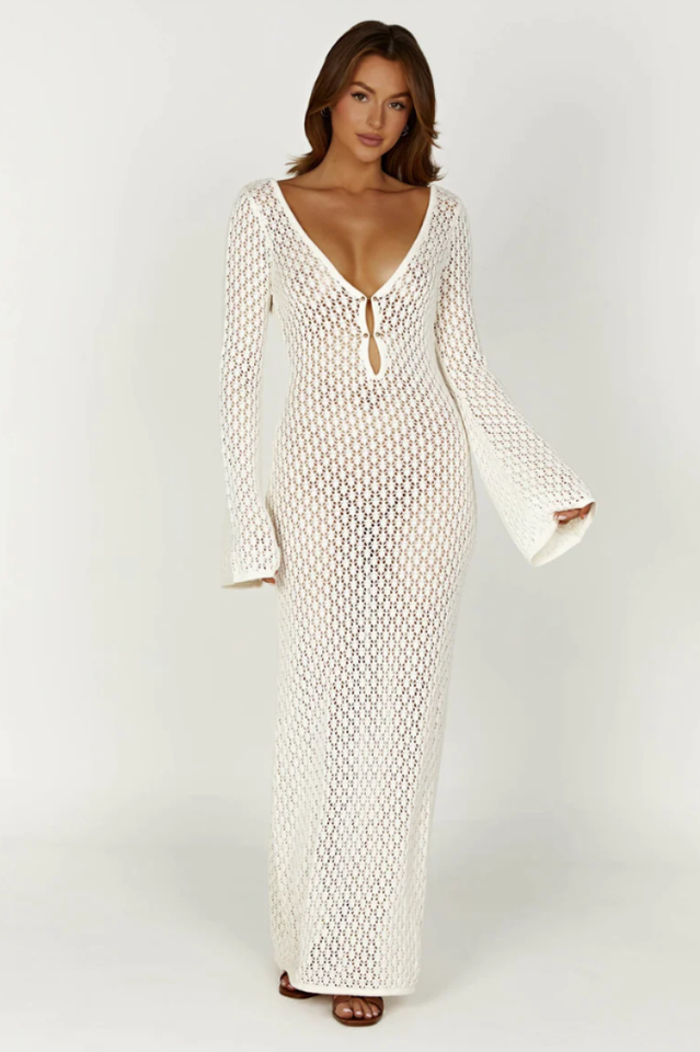 Crochet Knit Halter Neck High Split Maxi Dress