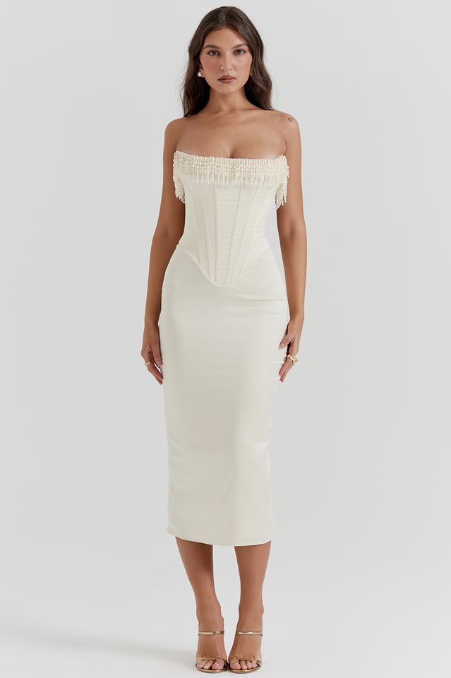 Pearl Beaded Fringe Strapless Corset Bodice Bodycon Midi Dress