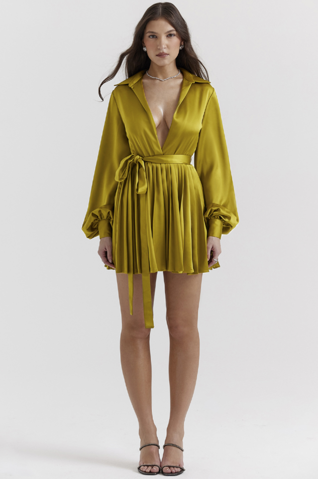 Satin Deep V-Neck Balloon Sleeve Belted Pleated Mini Shirt Dress 3