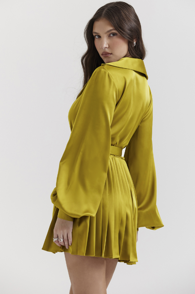 Satin Deep V-Neck Balloon Sleeve Belted Pleated Mini Shirt Dress 2