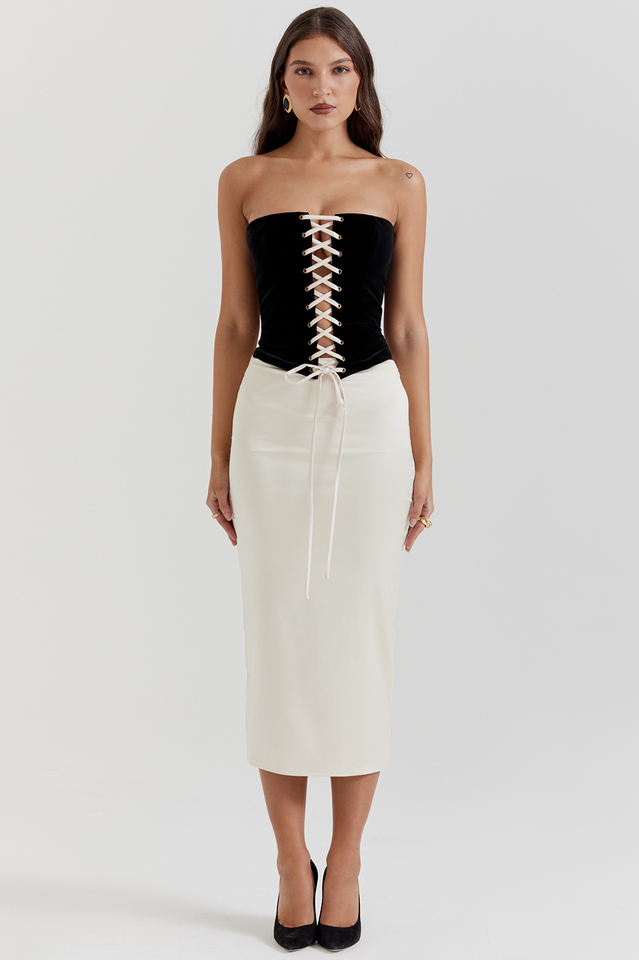 Strapless Lace Up Corset Bodice Contrast Skirt Midi Dress
