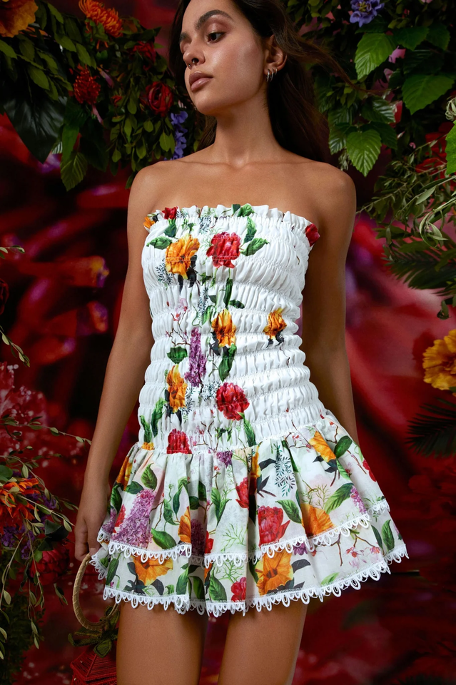 Floral Strapless Smocked Lace Trim Tiered Mini Dress