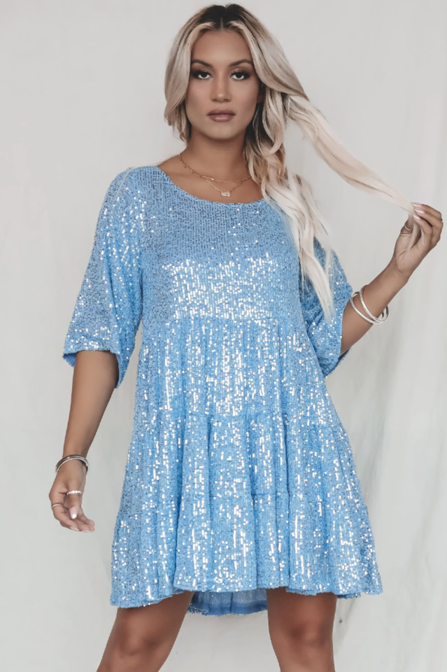Sequin Tiered Ruffle Crew Neck Short Sleeve Smock Mini Party Dress