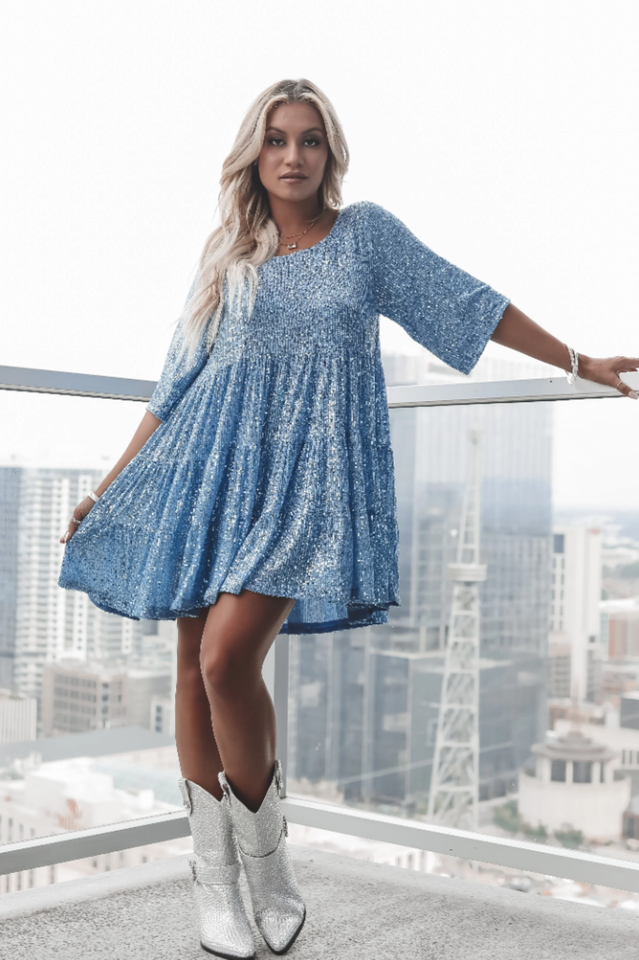 Sequin Tiered Ruffle Crew Neck Short Sleeve Smock Mini Party Dress
