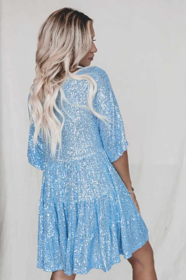 Sequin Tiered Ruffle Crew Neck Short Sleeve Smock Mini Party Dress