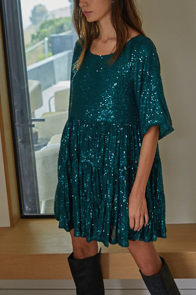 Sequin Tiered Ruffle Short Sleeve Crew Neck Babydoll Mini Party Dress