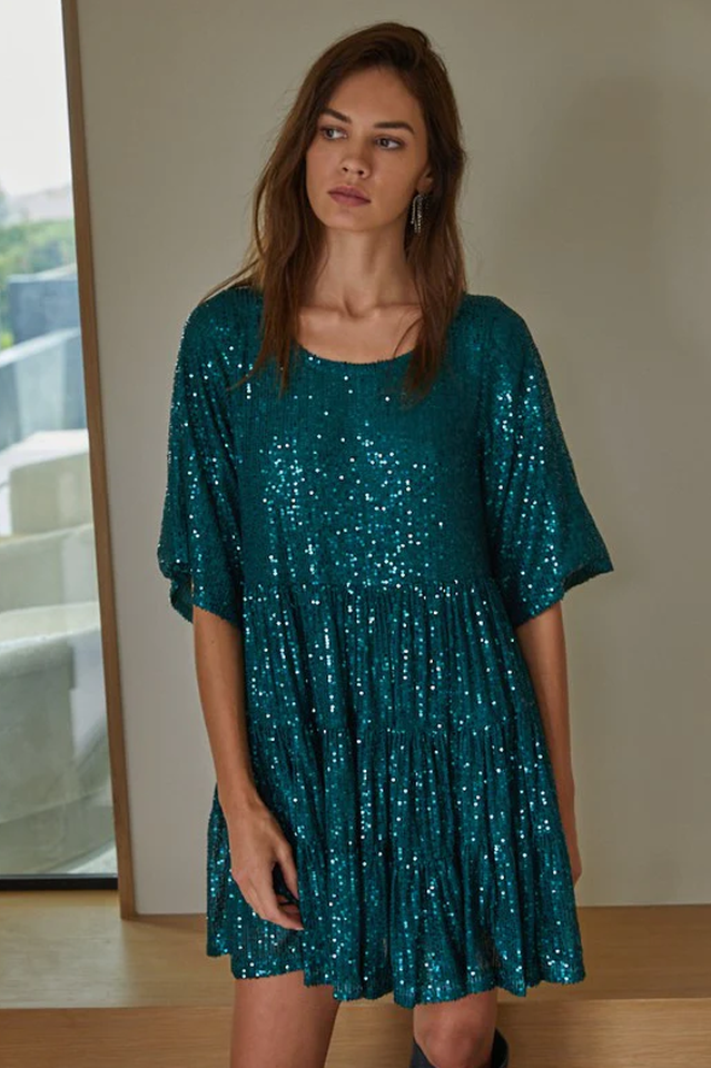 Sequin Tiered Ruffle Short Sleeve Crew Neck Babydoll Mini Party Dress