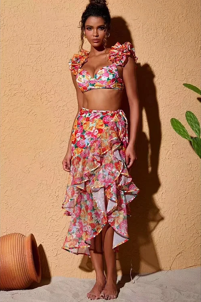 3D Floral Print Swimsuit & Skirt Set