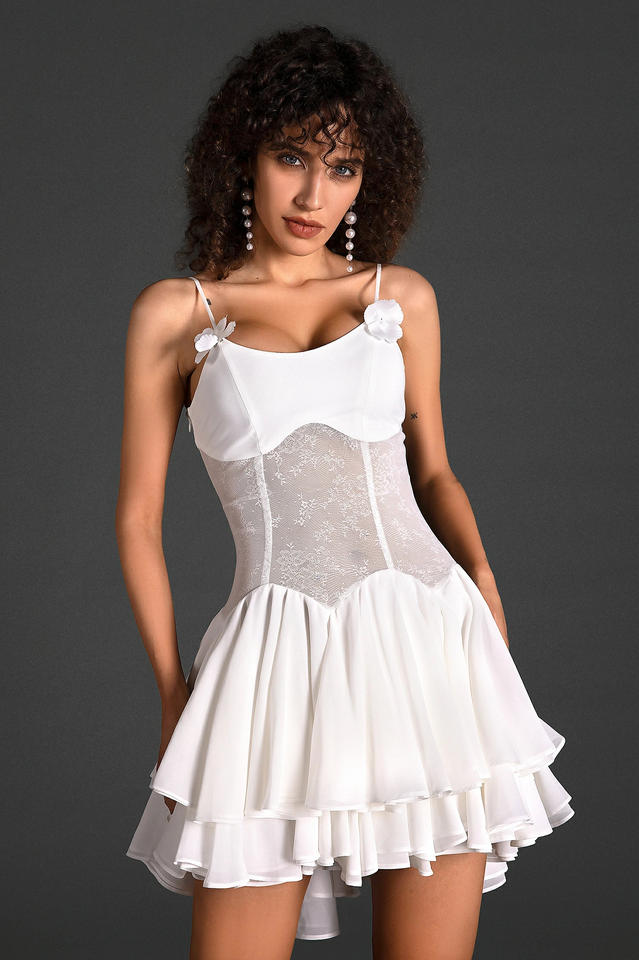 Spaghetti Strap Sheer Lace Corset Waist Layered Ruffle Mini Dress 2