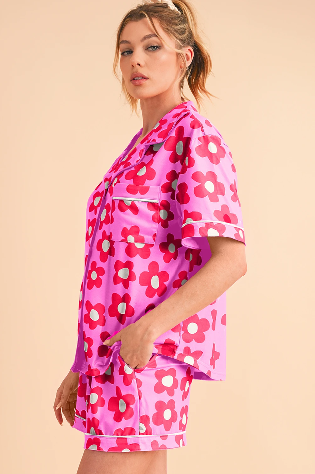 Floral Print Notch Collar Short Sleeve Shirt and Shorts Two Piece Pajama Set 6