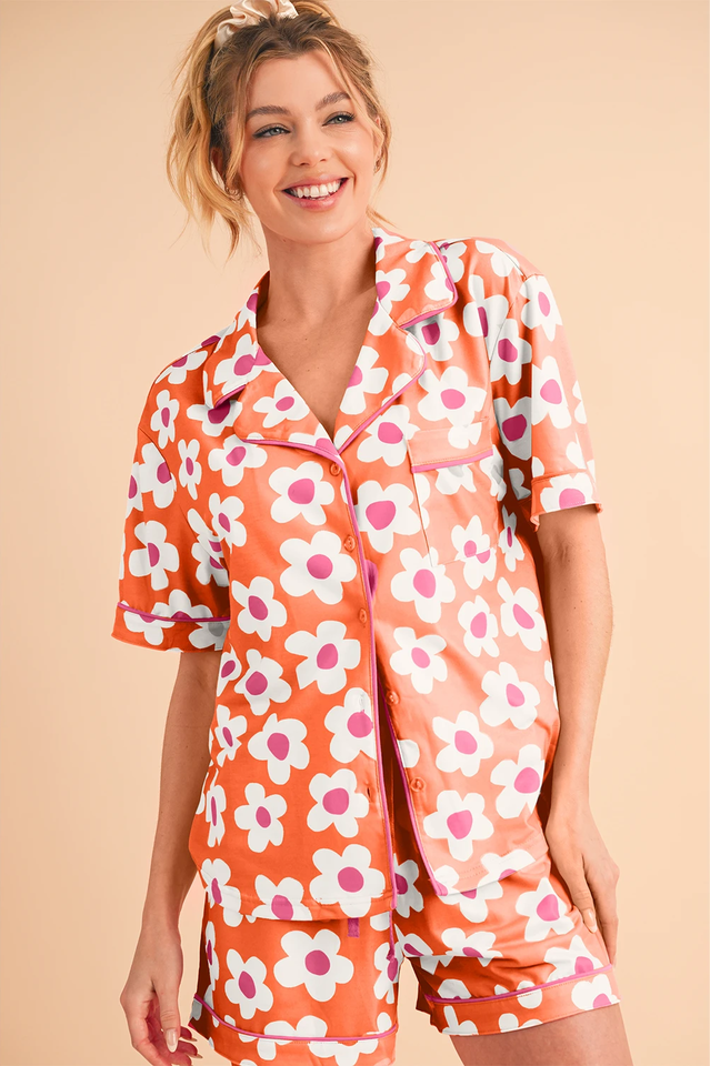 Floral Print Notch Collar Short Sleeve Shirt and Shorts Two Piece Pajama Set 8