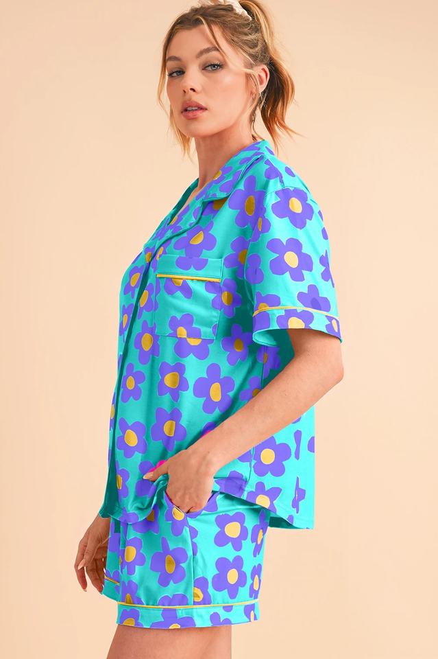 Floral Print Notch Collar Short Sleeve Shirt and Shorts Two Piece Pajama Set 12