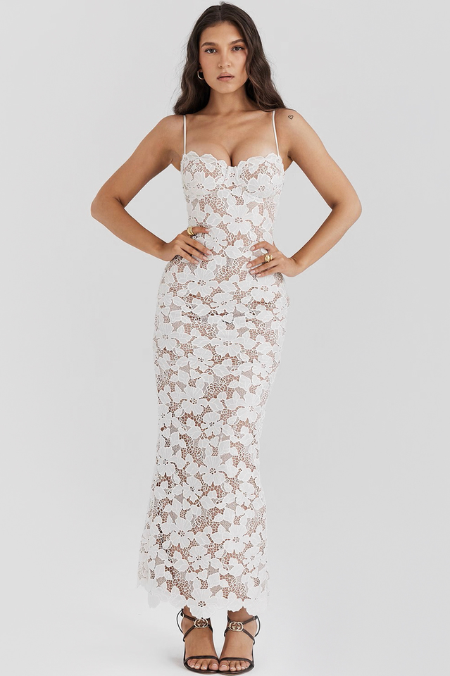 Pearl White Floral Embroidered Maxi Dress