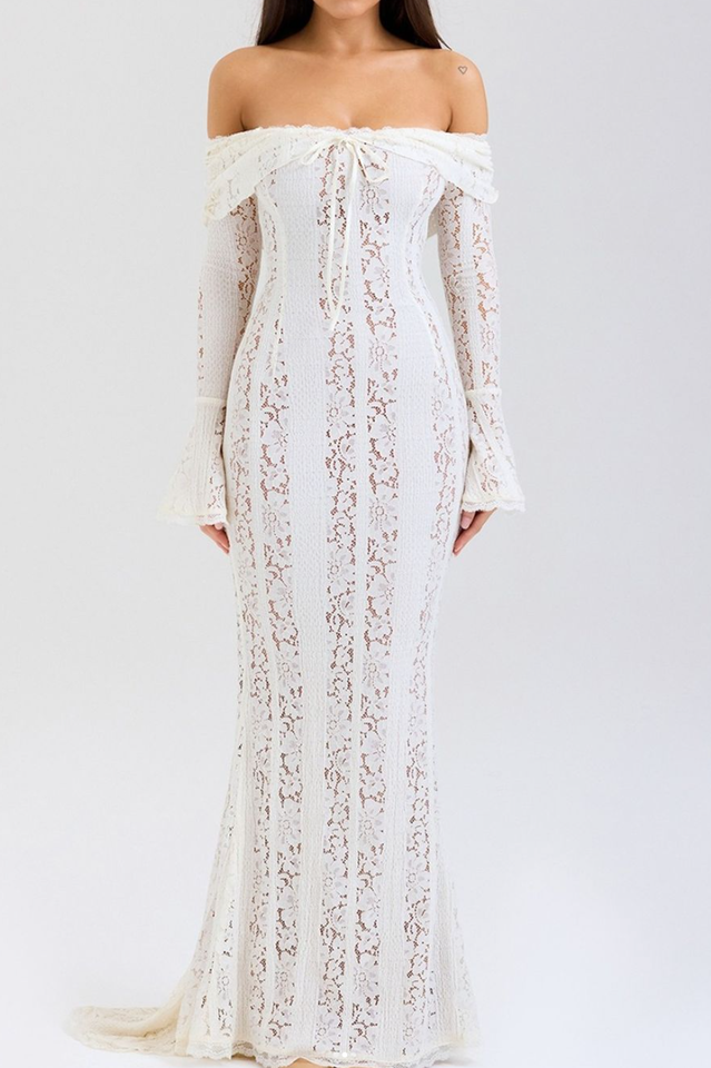 Floral Lace Off Shoulder Bell Sleeve Lace Up Mermaid Maxi Dress
