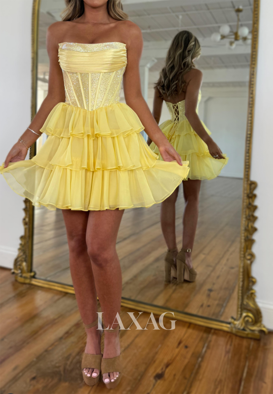 Tube Top Off-Shoulder Sleeveless Beaded Pleated Chiffon Tiered A-Line Party Homecoming Dress