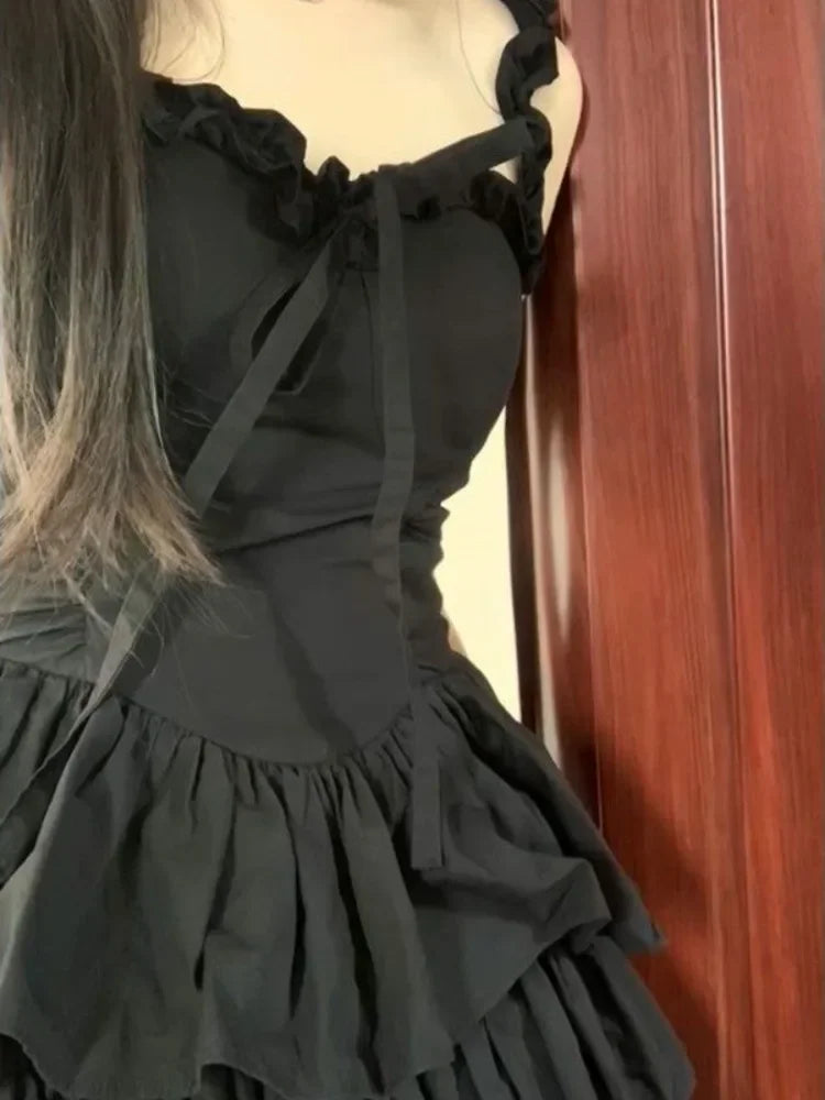 Hrajuku Goth Lolita Kawaii Cute Black Ruffles Soft Girl Y2K Coquette Fashion Cake Party Short Dress