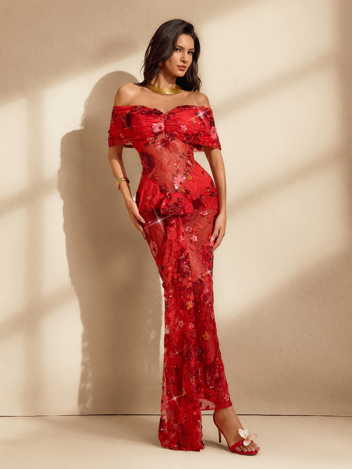 Floral Sequin Off Shoulder Mermaid Maxi Gown