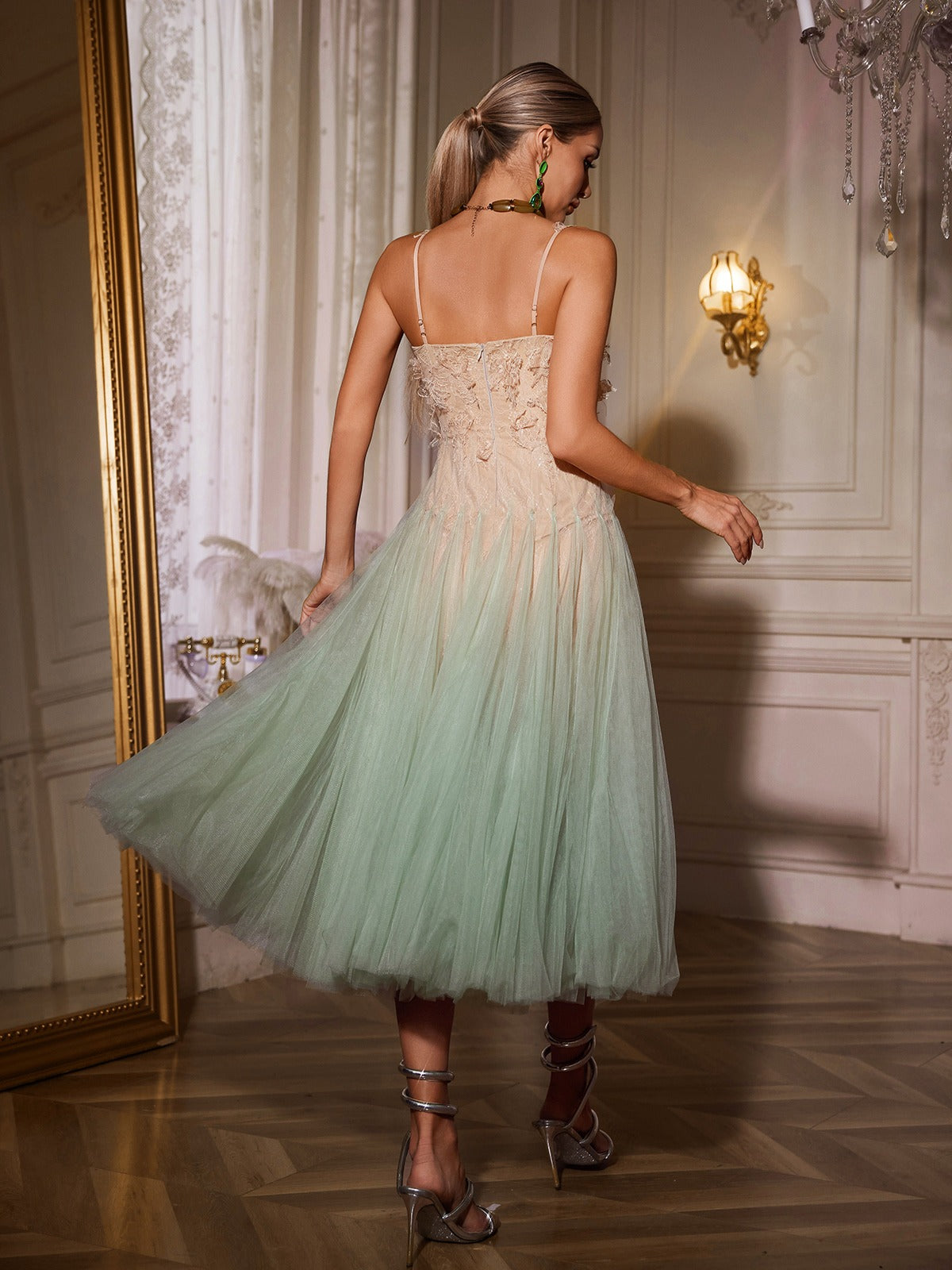Spaghetti Ombre Lace Midi Dress - View 7