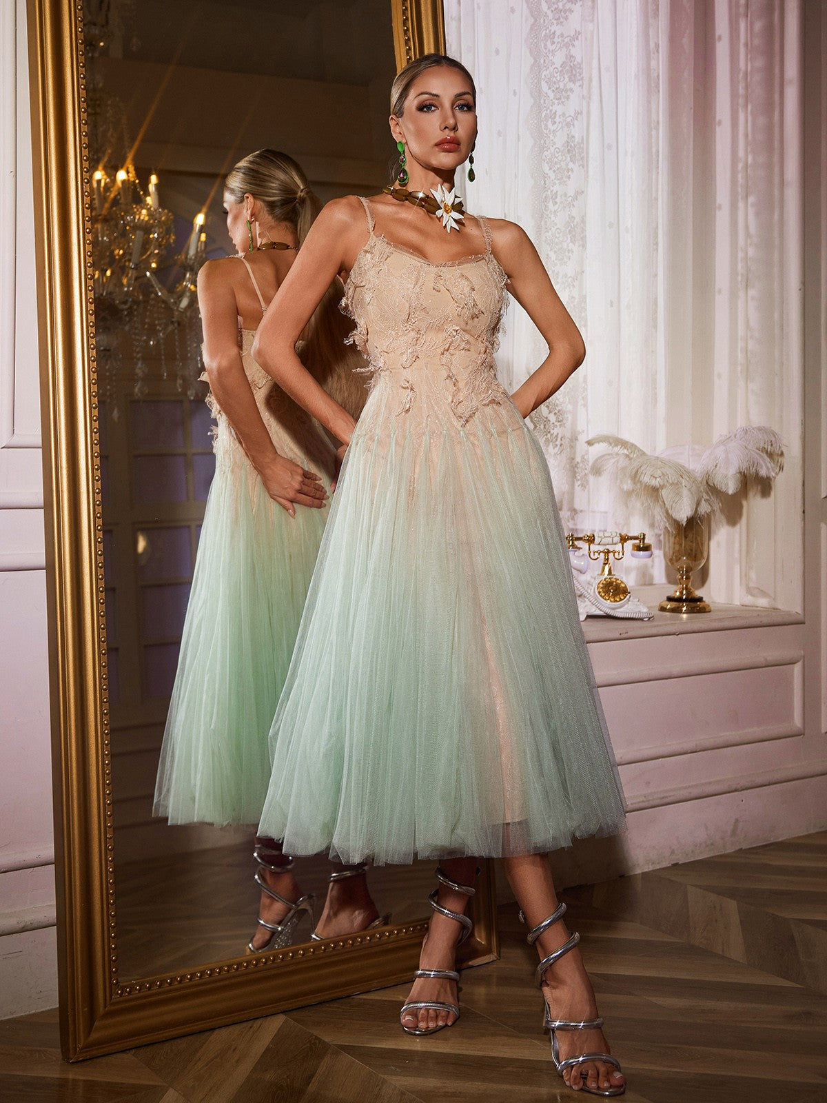 Spaghetti Ombre Lace Midi Dress - View 6