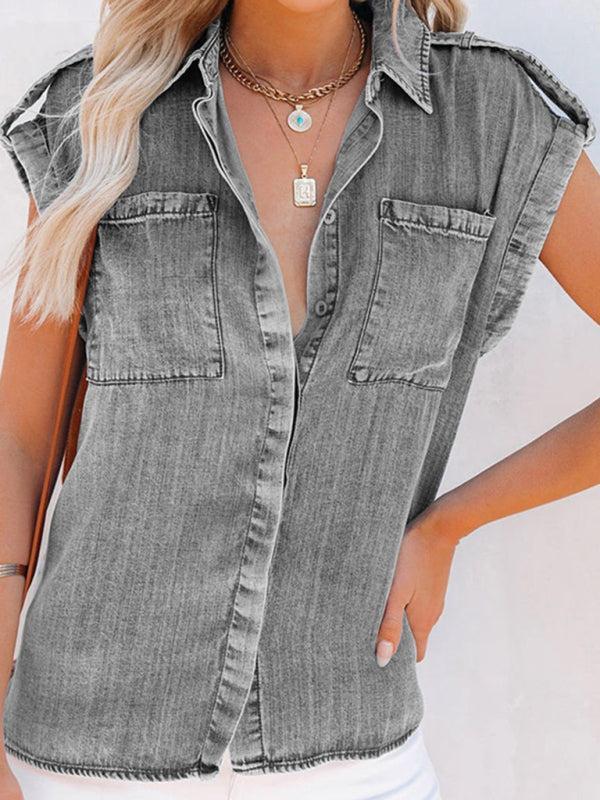 Collared Cap Sleeve Button Front Denim Shirt