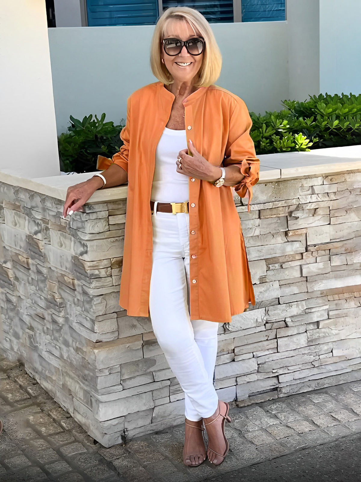 Stand Collar Tie Sleeve Longline Button Down Shirt