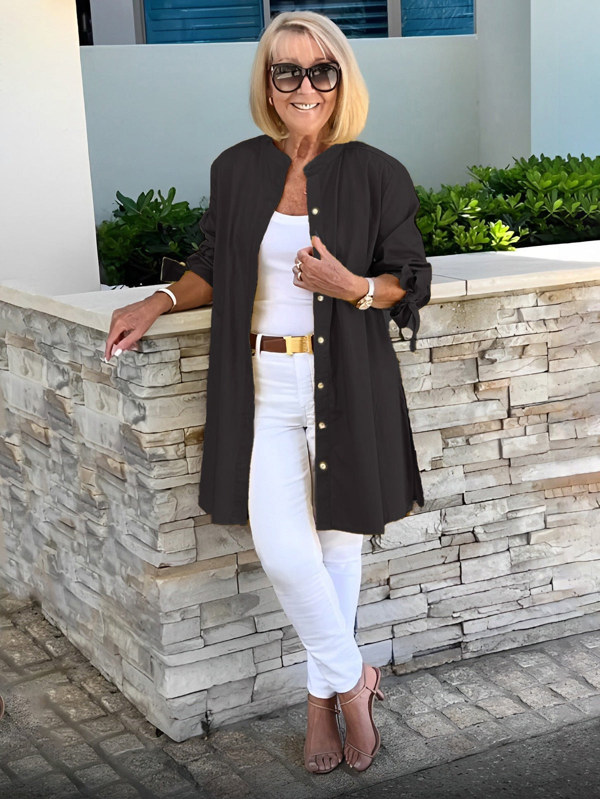 Stand Collar Tie Sleeve Longline Button Down Shirt