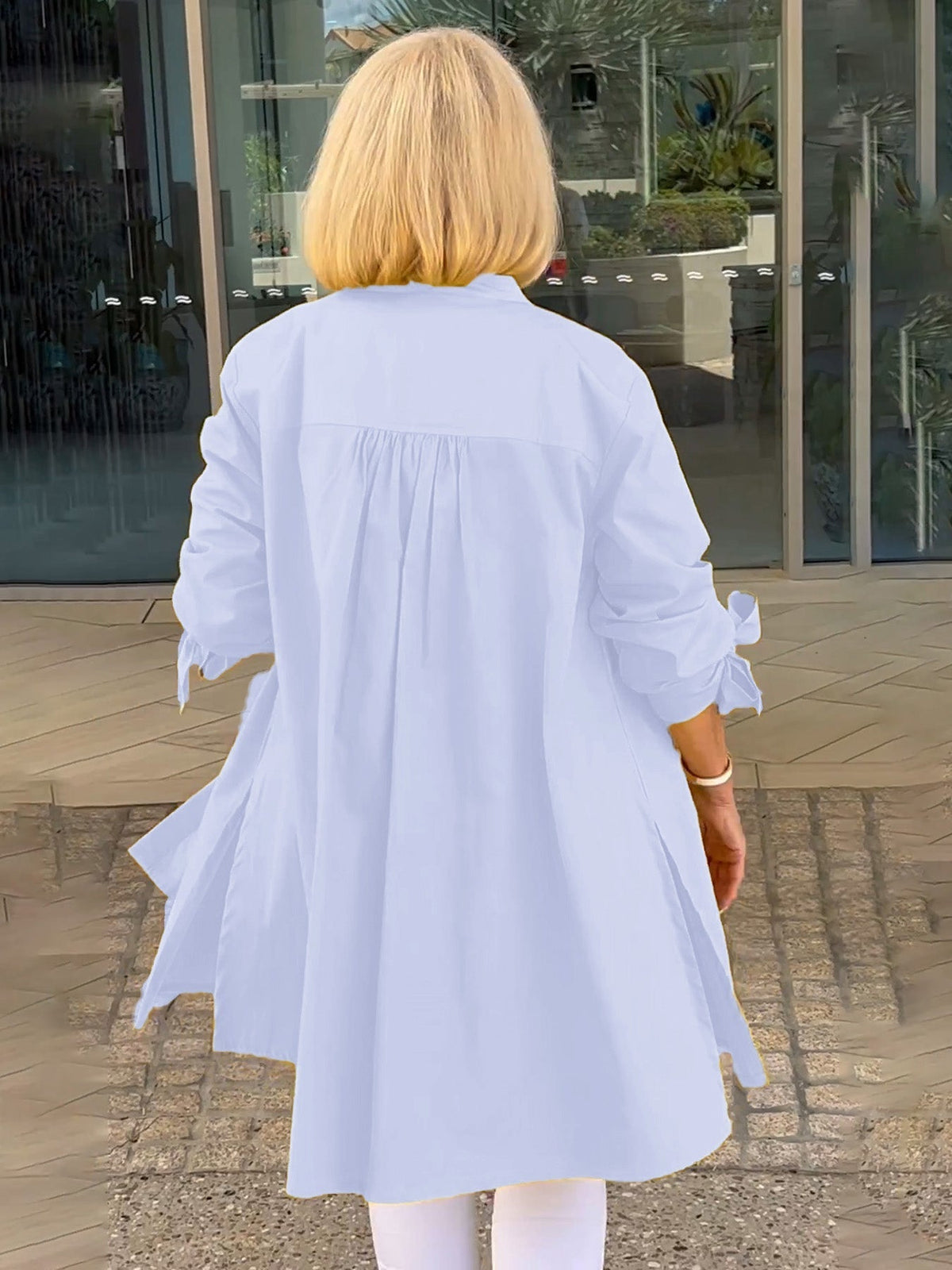 Stand Collar Tie Sleeve Longline Button Down Shirt