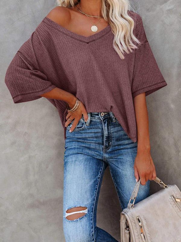 V-Neck Short Sleeve Waffle Knit Oversized Top