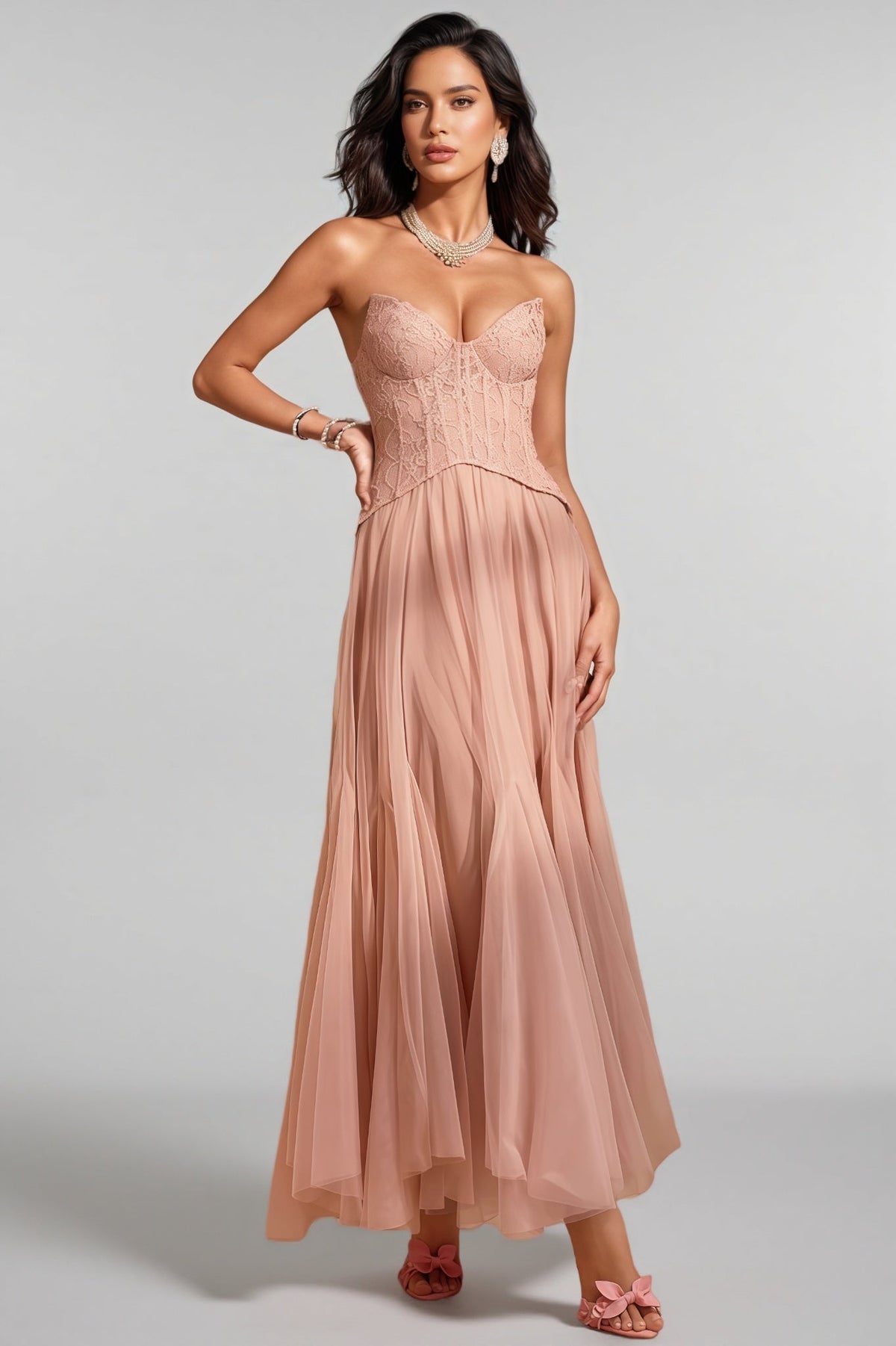 Strapless Sweetheart Lace Corset Bodice Pleated Mesh Maxi Dress