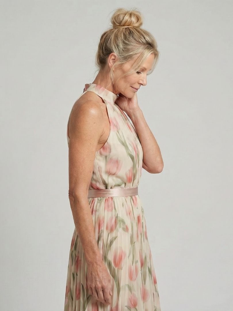 Floral Print Halter Neck Pleated Maxi Dress