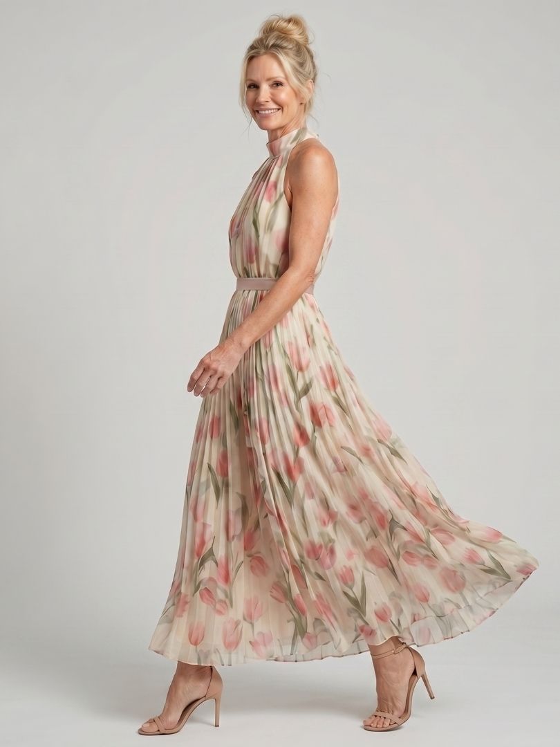Floral Halter Neck Pleated Belted Maxi Dress