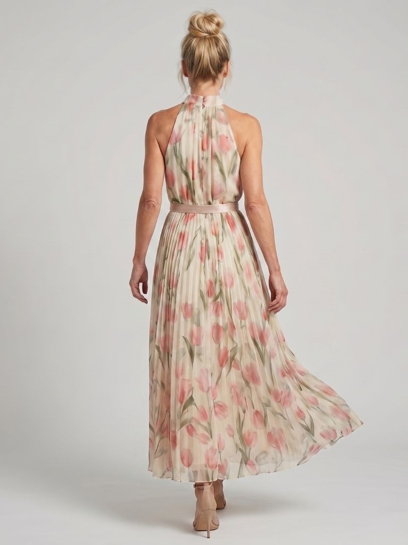 Tulip Floral Halter Neck Pleated Belted Maxi Dress