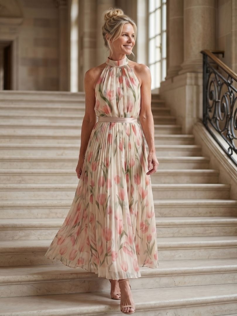 Tulip Floral Halter Neck Pleated Belted Maxi Dress